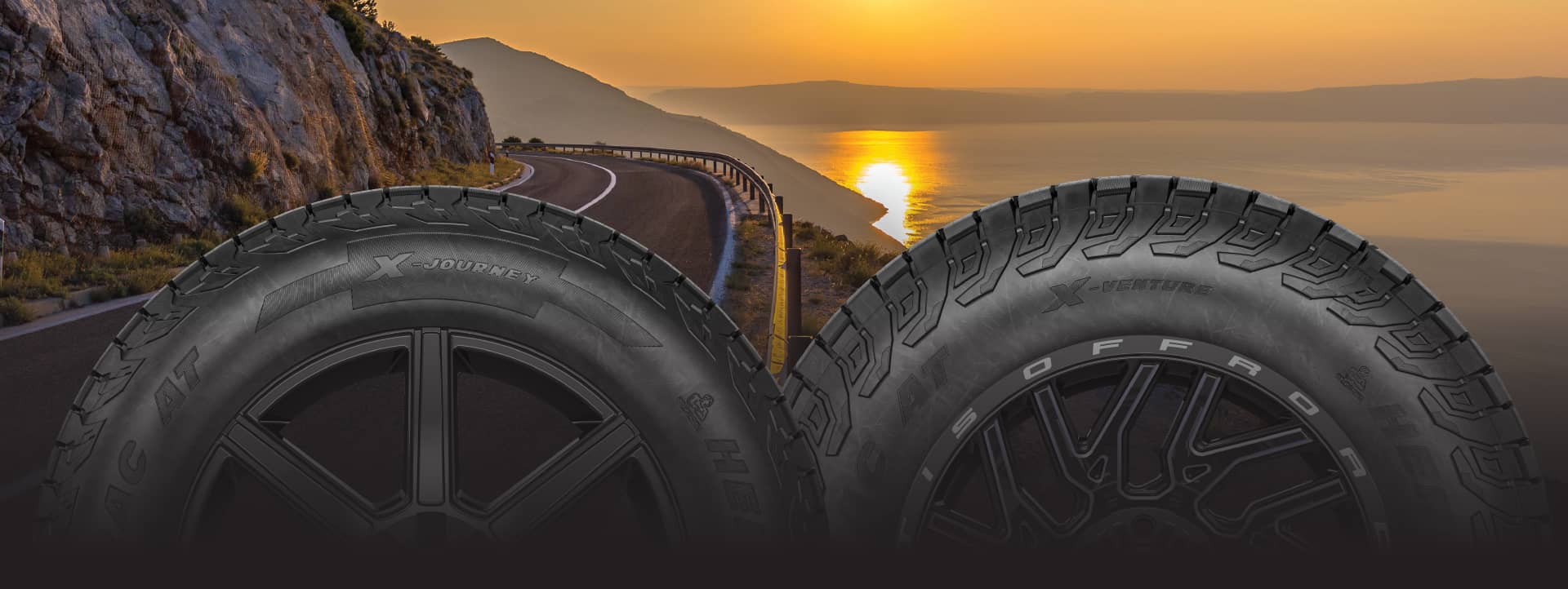 image showing winding coastline highway at sunset in the background with the X-Venture and X-Journey tires in the foreground